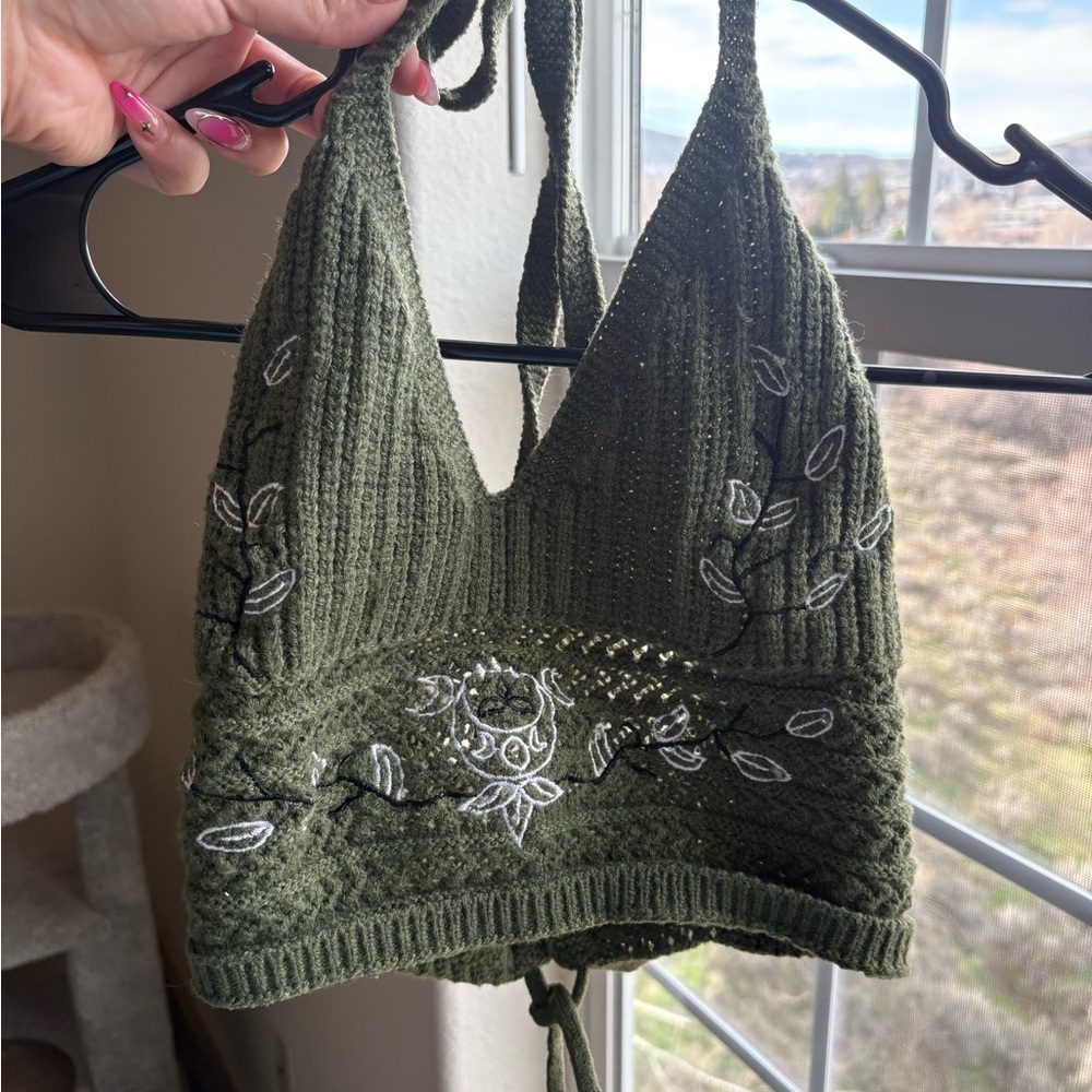 Green Knit Halter Top with Embroidery